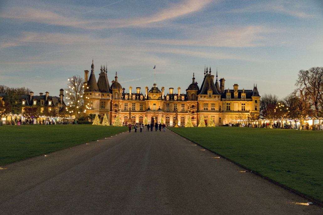 Waddesdon Manor lit up for Christmas, rothschild manor, french chateau in England, ferdinand rothschild, bachelor's house, christmas lights, christmas fairs, christmas in England, twilight, berkshire