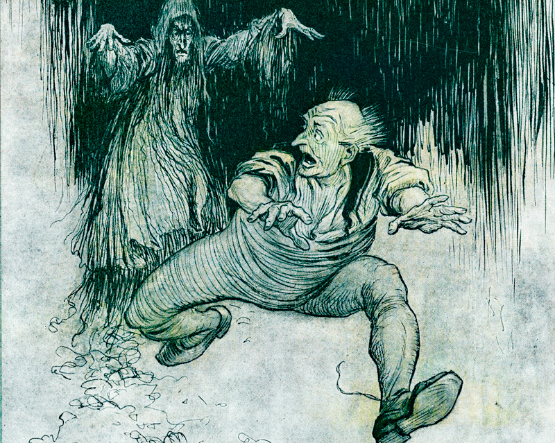 A haunting, halloween. scary visions, Arthur Rackham, illustration, public domais