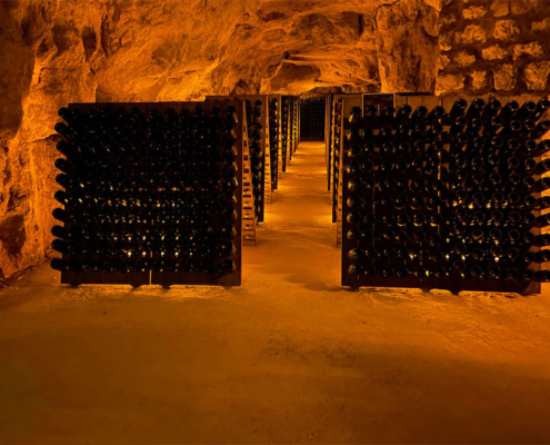 champagne bottles racked in a cellar