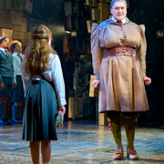 Miss Trunbull, Matilda's evil headmistress, is played by a man in true Panto dame fashion. Here she and the rebellious Matilda have a face off.