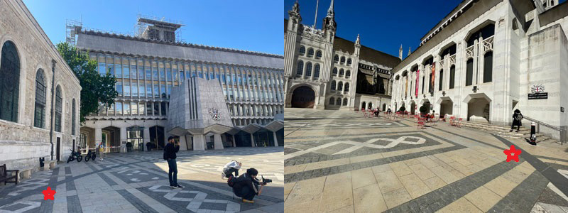 Red stars indicate the oval outline of London's Roman Amphitheatre under Guildhall Yard